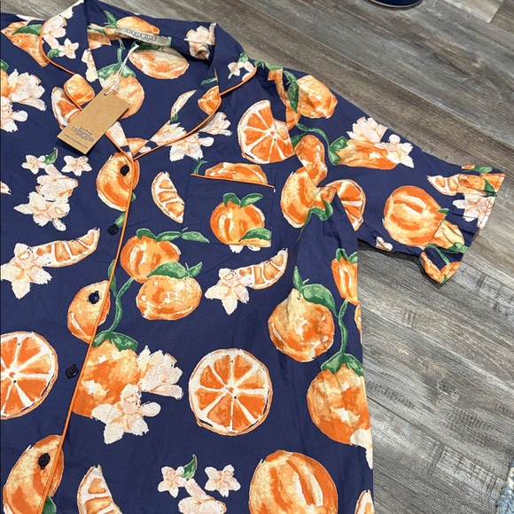 ANTHROPOLOGIE Their Nibs Pajama Set Women XL Blue & Orange Citrus Print NEW
